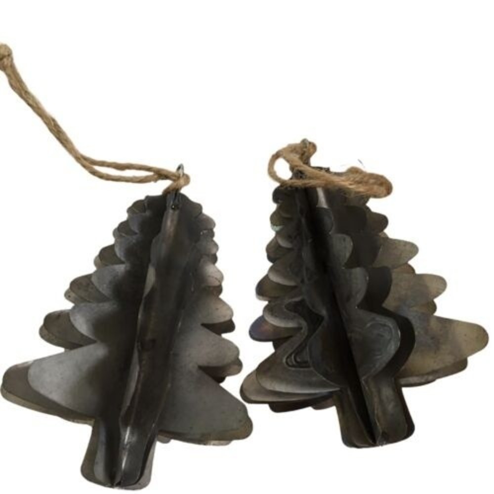 2 Christmas Ornament Metal TREES 3D Rustic